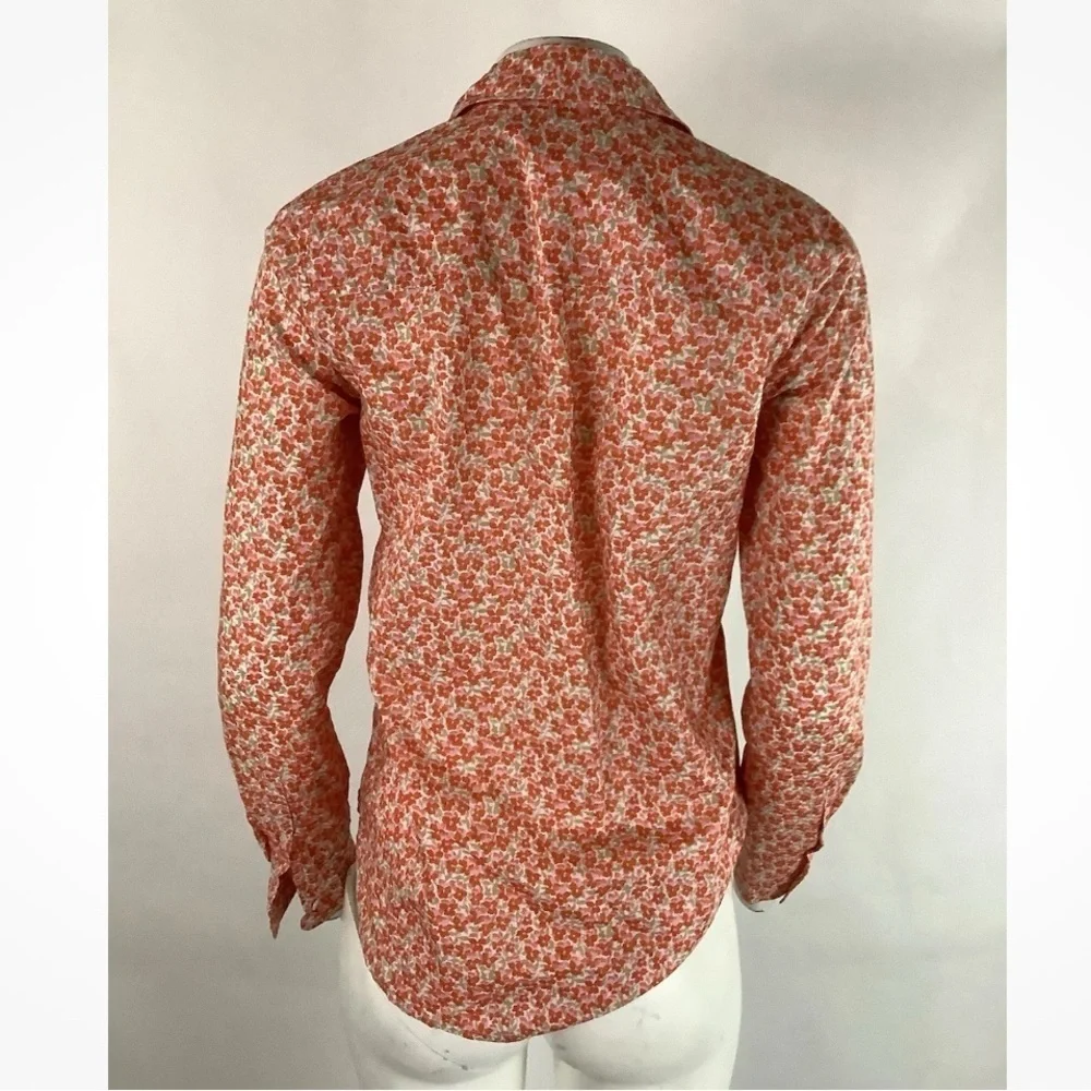J Crew Sz 2 All Over Floral Print Long Sleeve Popover Preppy Top Orange Pink